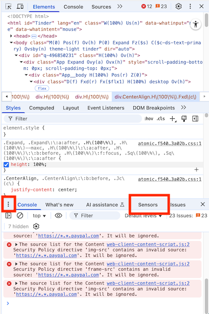„Sensors“-Tab in den Chrome Developer Tools